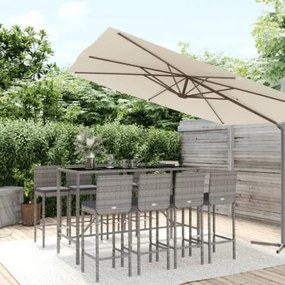 Set Bar da Giardino 9 pz con Cuscini in Polyrattan Grigio