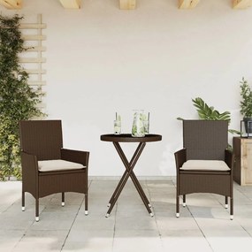 Set Bistrò 3 Pz Con Cuscini Marrone Polyrattan E Vetro /