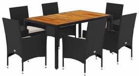 Set pranzo da giardino 7 pz nero con cuscini polyrattan acacia