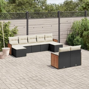 Set divani da giardino 9 pz con cuscini nero in polyrattan