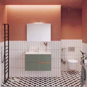 Mobile bagno Eva 80 cm, completo di lavabo in ceramica e specchio a filo con Led, 2 cassetti rovere naturale e verde salvia cannettato.