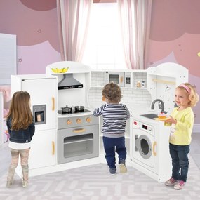 Costway Set gioco da cucina per bambini d'angolo con cappa macchina di ghiaccio microonde, Cucina giocattolo in legno