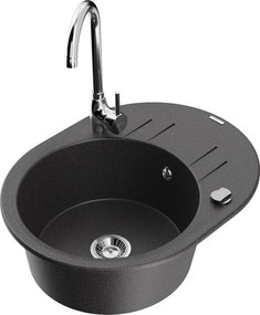 Mexen Kevin lavello da cucina in granito 1-vasca con scolapiatti e rubinetto Telma, nero puntinato - 6517-76-670200-00