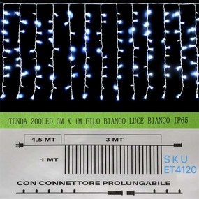 Tenda Luminosa Da Esterno IP65 3M X 1M Con 200 Luci Led Bianco Freddo Con Connettore Prolungabile