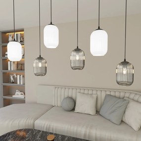 Lampadario 6 Luci Selene In Acciaio Nero E Vetri Plissettati In Bianco E Fumè