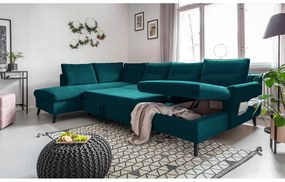 Divano letto a U in velluto turchese, angolo sinistro Stylish Stan - Miuform
