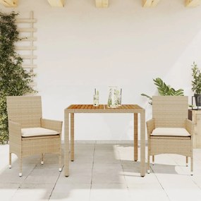 Set Pranzo Da Giardino 3 Pz Con Cuscini Beige Polyrattan Acacia /