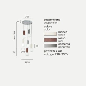 Lampada a sospensione ROCK 35 cm in cemento Multicolor e vetro soffiato 6 Luci