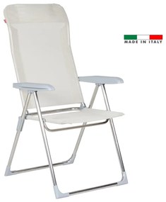 Sedia a sdraio da giardino in alluminio con braccioli pieghevole Relax FIAM, seduta in textilene beige e bianco
