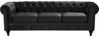 Divano Chesterfield Rivestimento in Tessuto Velluto Nero Gambe in Legno Scuro 3 Posti Contemporaneo