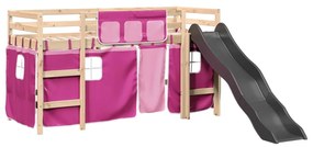 Letto a soppalco con tende bambini rosa 90x200 cm massello pino