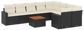 Set divani da giardino 10pz con cuscini in polyrattan nero