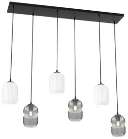 Lampadario 6 Luci Selene In Acciaio Nero E Vetri Plissettati In Bianco E Fumè