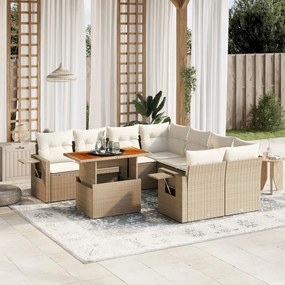 Set divano da giardino 9 pz con cuscini beige in polyrattan