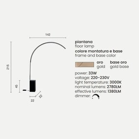 Lampada piantana LED BIBLIO in metallo verniciato Oro 142x215 cm