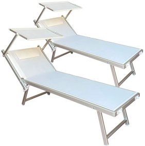 Set 2 Lettini a Sdraio Prendisole Pieghevoli, da Giardino con Tettuccio e Cuscino, Schienale Regolabile – 189x58x36h Bianco