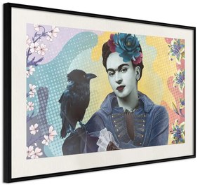 Poster  Frida with a Raven  Cornice Quadri Cornice nera con pass-partout, Larghezza x Altezza Home decor 90x60