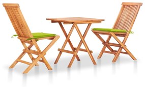 Set da bistrot 3 pz con cuscini verde brillante legno di teak