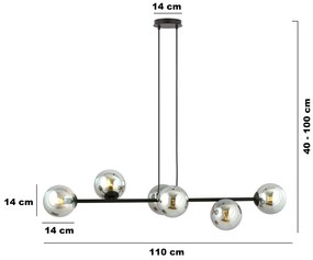 Lampadario Contemporaneo 6 Luci Rossi In Acciaio Nero E Sfere In Vetro Fumè