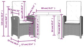 Set Pranzo da Giardino 3pz con Cuscini Grigio Chiaro Polyrattan