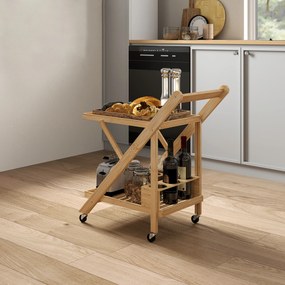 Carrello da Cucina Portavivande Pieghevole 66x40x70 cm a 2 Livelli con Portabottiglie in Legno di Bambù...