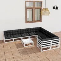 Set Divani da Giardino 10 pz Cuscini Bianchi Massello di Pino 3077040