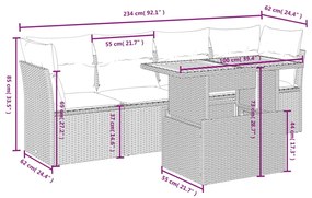 Set divani da giardino 5 pz con cuscini in polyrattan nero