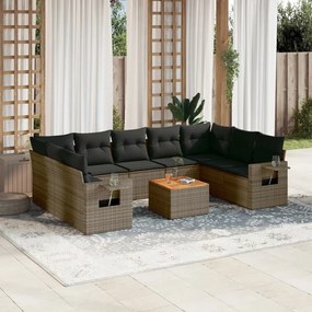 Set divano da giardino 10 pz con cuscini grigio in polyrattan