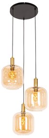 Lampada a sospensione smart nera con ottone e vetro ambrato 3 luci incl. 3 Wifi G95 - Zuzanna