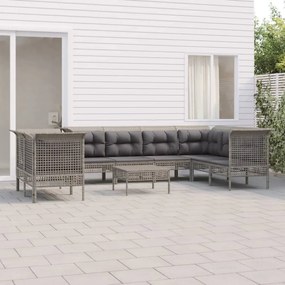 Set divani da giardino 9 pz con cuscini in polyrattan grigio