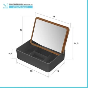 Organizer trucchi in plastica grigia completo di specchio con dettagli in bambù