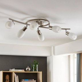 Lindby fatto Arda, 75 cm, a 6 luci, nichel, vetro, E14 Arda Lindby, dimmerabile, Alluminio / Grigio / Zincato, Soggiorno / Sala da pranzo, Vetro, Moderno, Faretto