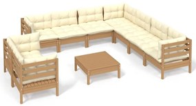 Set divani da giardino 10 pz con cuscini miele legno di pino