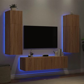 Mobili tv a muro con led 6pz rovere sonoma legno multistrato