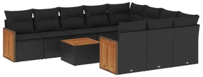 Set divani da giardino 11 pz con cuscini in polyrattan nero