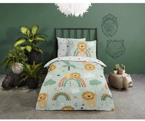 Set copripiumino e federa da bambini verde in cotone per letto singolo ed esteso 140x220 cm Lions – Good Morning