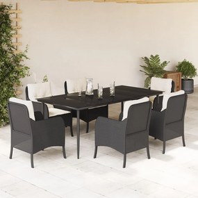 Set da pranzo da giardino 7 pz nero con cuscini in polyrattan