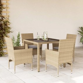 Set da pranzo da giardino 5 pz con cuscini polyrattan e vetro