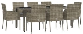 Set da pranzo da giardino 9 pz con cuscini in polyrattan grigio