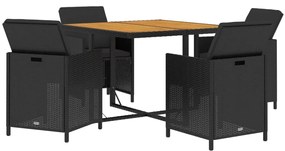 Set da pranzo per giardino 5pz con cuscini in polyrattan nero