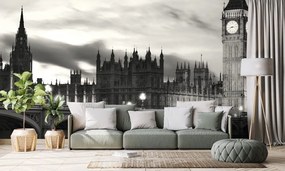 Carta da parati autoadesiva – Big Ben notturno in bianco e nero a Londra