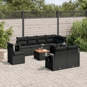 Set Divani da Giardino 9 pz con Cuscini Nero in Polyrattan