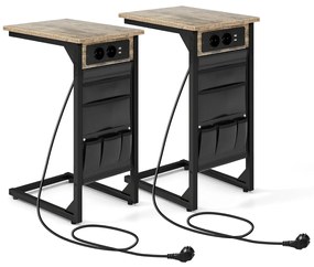 Costway Set di 2 Tavolini a forma di C con prese tasca laterale2 porte USB, Tavolini da divano in metallo Marrone