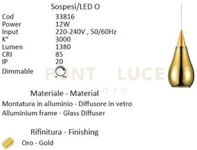 Sospesi-led o sospensione 1 luce a led 12w 3000k colore oro senza b...