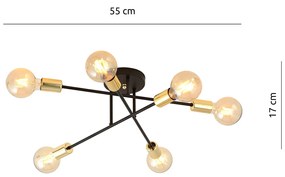 Plafoniera Industriale 6 Luci Diomede In Acciao Nero E Rame Bracci Dritti