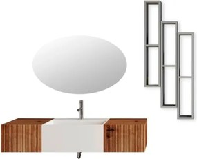 Lavabo bianco sospeso 60 cm con due cassetti laterali 40 cm rovere oro e specchio - Itaca