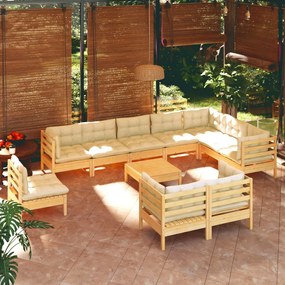 Set divani da giardino 11 pz con cuscini crema in massello di pino