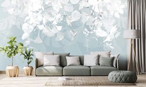 Carta da parati – Foglie con Colibrì in Blu-Grigio