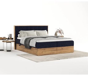 Letto boxspring con contenitore in blu scuro-naturale 200x200 cm Asahi - Maison de Rêve