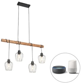 Lampada a sospensione intelligente nera con legno incl. 4 Wifi A60 - Stronk